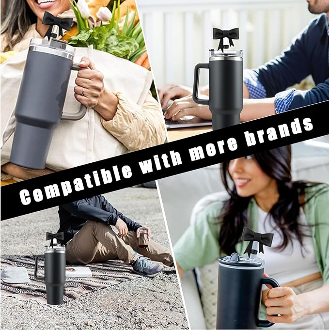 4Pcs Silicone Straw Toppers Covers for Stanley Cups 40/30oz 10mm(0.4in) Dust-Proof Bow Straw Covers Toppers Suitbale for Stanley Cup Accessories Reusable Straws Caps (Black)