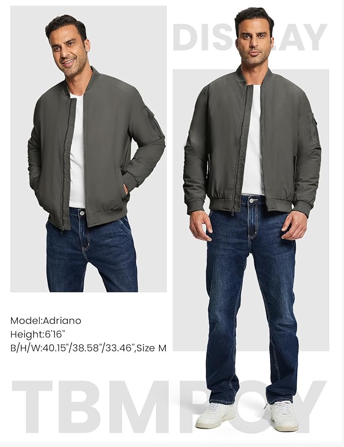 TBMPOY Men's Fall Jacket Winter Windbreaker Bomber Zip Up Padded Softshell Warm Windproof Casual Coat