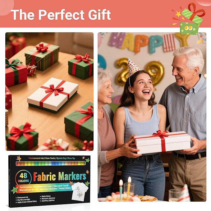 JR.WHITE Fabric Markers Permanent for Clothes Sneaker Shoes T Shirt Onesies Bibs Bodysuit Pillow Canvas Tote Bags Teen Adults Fabric Decorating, Fine Point Pen Fabric Paint Pens Set of 48 Colors