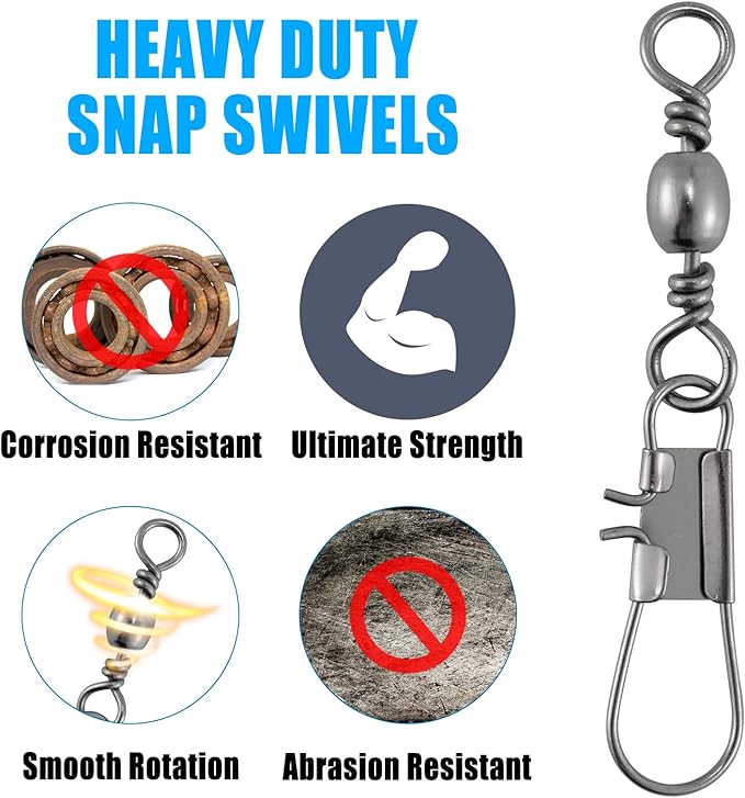 Dr.Fish 50 Pack Fishing Snap Swivels, Barrel Swivels Fishing Tackles, Stainless Steel Safty Interlock Snaps Leader Line Lure Connector Fresh&Saltwater 26-132Lb
