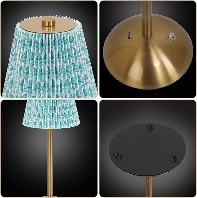 Cordless LED Table Lamp with Dimmer, Built-in Rechargeable Battery, 3-Level Brightness, Patio Table Lamp, Bedside Night Lamp, Ambient Light for Restaurant, Antique Brass (Green Flower)