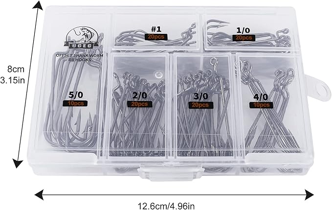 UCEC Fishing Hooks, 140PCS/ 100PCS/ 60PCS EWG Offset Worm Hooks Bass Hooks Wide Gap 2X Strong Senko Bait Texas Rig Jig Fish Hooks for Bass Trout Saltwater Freshwater Size:#4#2#1 1/0 2/0 3/0 4/0 5/0