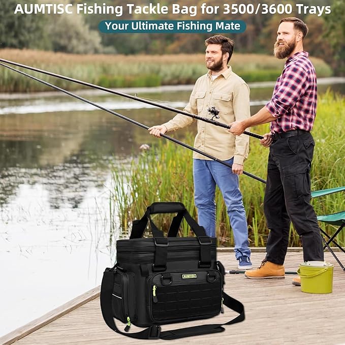 AUMTISC Fishing Tackle Bags for 3500/3600 Trays, Expandable Tackle Box Organizer Gear Storage Bag, with Rod Holders, Detachable Shoulder Strap, Freshwater or Saltwater Fishing Accessories Bags