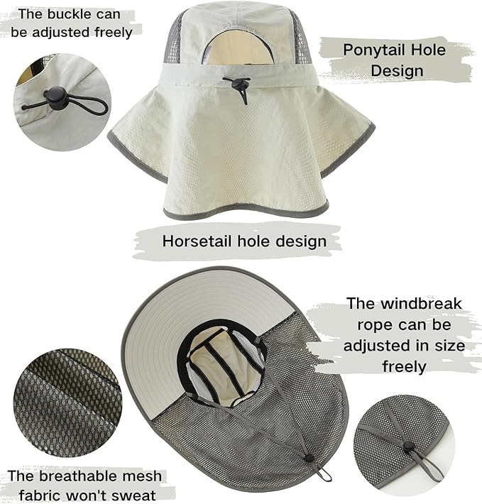 UV Sun Protection Hat Women Foldable Neck Flap Wide Brim Fishing Hat with Ponytail Hole for Women