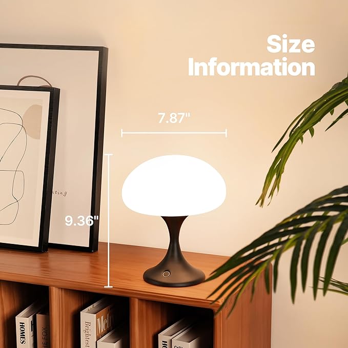 Mushroom Lamp, 5W LED Cordless Rechargeable Table Lamp with Glass Shade, Small Retro Dimmable Touch Light with 3 Color Temps, Aesthetic Mid Century Bedside Light for Bedroom Ambient, Black