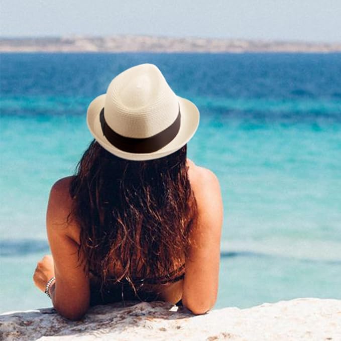 DRESHOW Women Straw Sun Hat Short Brim Panama Travel Fedora Beach Cap Roll up Summer Hat for Women Men UPF 50+