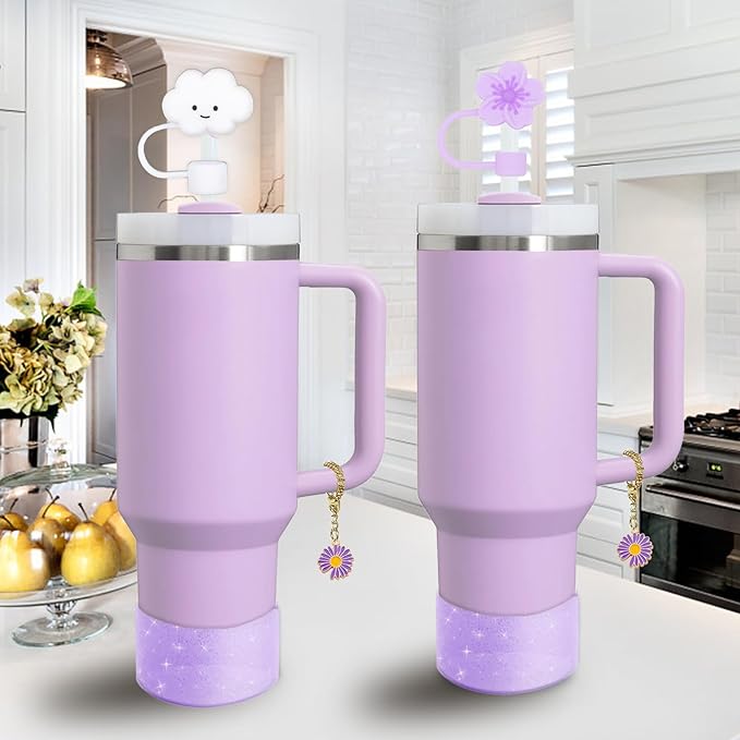 Stanley Cup Accessories Set,Including 2 Pcs 0.4in Straw Cover, 1 Silicone Spill-Proof Stopper Set of 3, 1 Cute Purple Flower Handle Charm, 1 Silicone Boot Fits Stanley 40&30 Oz Tumbler (Purple)