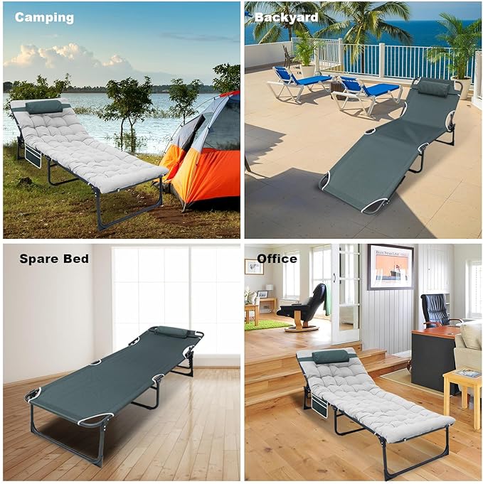 YELLOW JACKET Folding Camping Cot for Adults Adjustable 5-Position Portable Sleeping Cot Bed with Pillow and Removable Mattress Reclining Foldable Camp Cots for Outdoor,Home,Beach,Patio,Grey