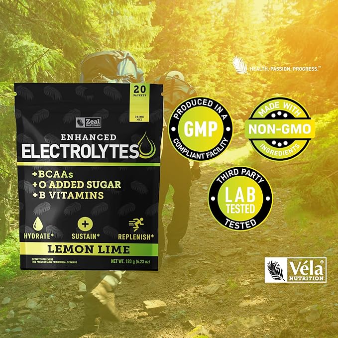 Enhanced Electrolyte Powder Stick Packs (Lemon Lime | 20 Packets) w/ 0 Sugar +BCAAs +B-Vitamins Electrolyte Supplement w Potassium Zinc & Magnesium for Hydration - Keto Electrolytes