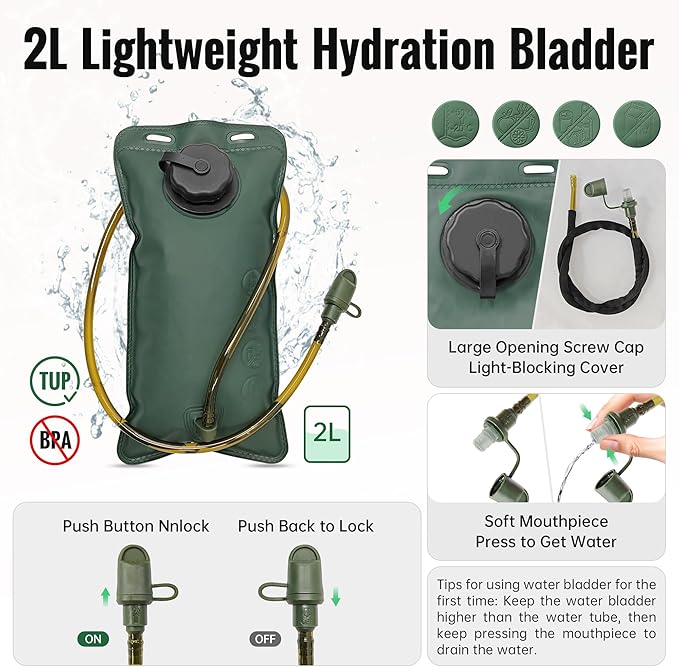 Moman Hydration Backpack with 2L Water Bladder, 600D PU Durable Hiking Backpack, Adjustable Strap & Removable Tool Pouch for Hiking/Running/Cycling/Music Festival/Rave for Men Women