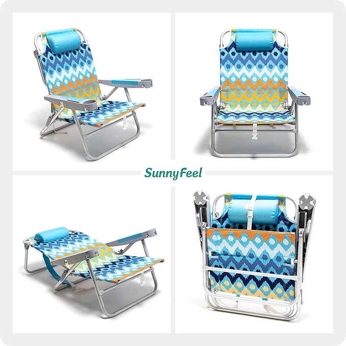 SUNNYFEEL Extra Wide 28" Low Beach Chair 5 Position Lay Flat, XL Oversized Portable Folding Camping Chairs with Cup Holder for Outdoor/Trip, Lightweight Foldable Backpack Beach Chair for Adults