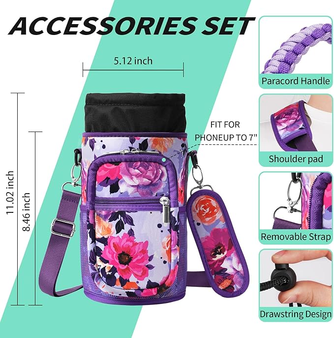 32/40/64/87/128 oz Water Bottle Carrier Bag, Neoprene Water Bottle Sleeve with 4 Pocket, Sport Water Holder with Paracord Handle and Shoulder Strap for Walking Hiking Camping Gym