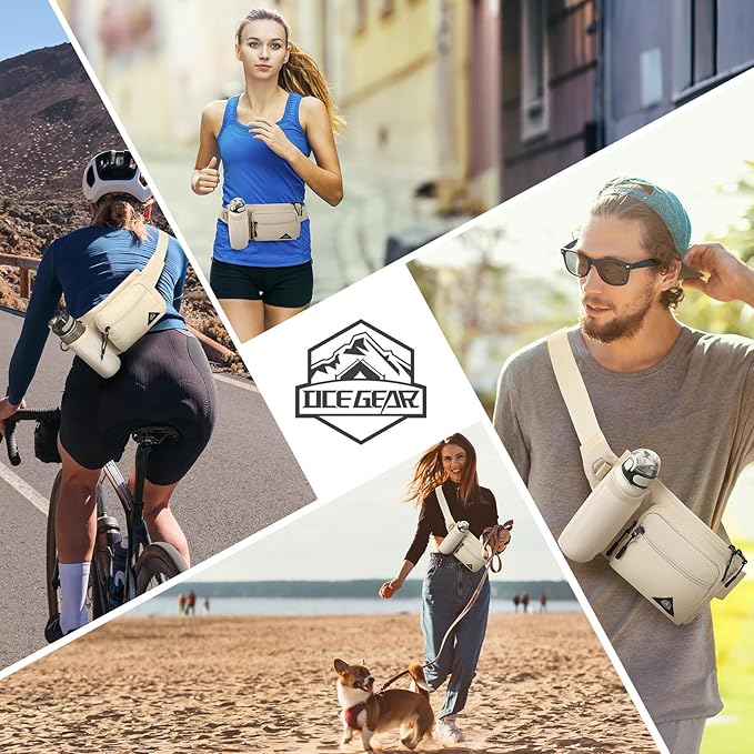 Waist Pack with Water Bottle Holder for Men Women Waist Bag Running Waist Pack Waterproof for Outdoor Travel Cycling Climbing Walking Fit All Phones (Bottle Not Included) (Beige)