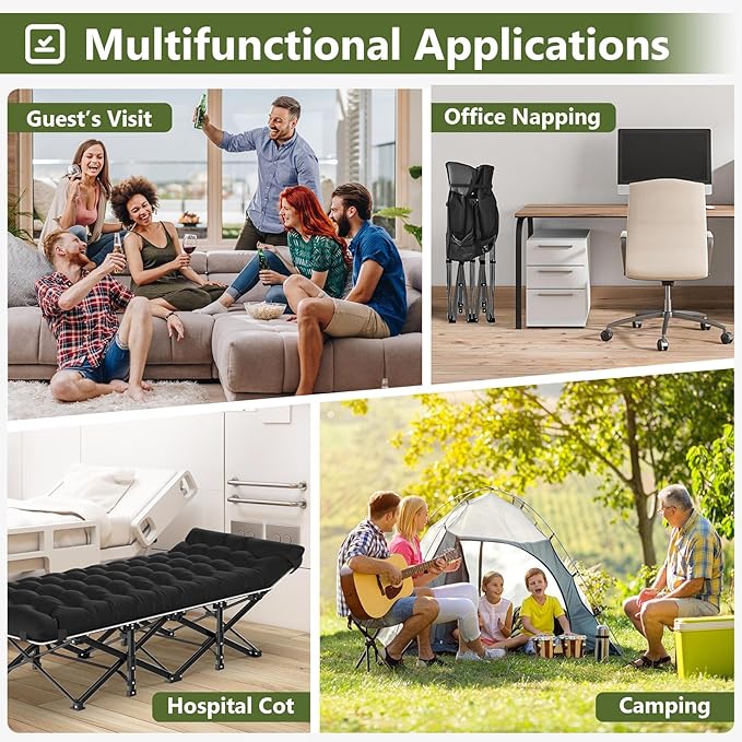 Slendor Camping Cot, Folding Camping Cots for Adults, Portable Sleeping Cot with Carry Bag, 1200D Double Layer Oxford, Camp Cot Bed for Guest Travel, Hiking, Support 500lbs, Black