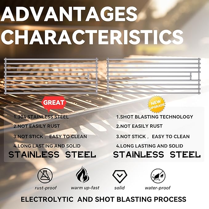 2025 4 Pack 8mm SS304 Stainless Steel BBQ Grill Grates Replacement Parts for Bull,Angus 47628, Brahma, Lonstar Select, Outlaw Steer Premium, Lonestar Select,7 Burner Premium,65073,L60000,75000,90000