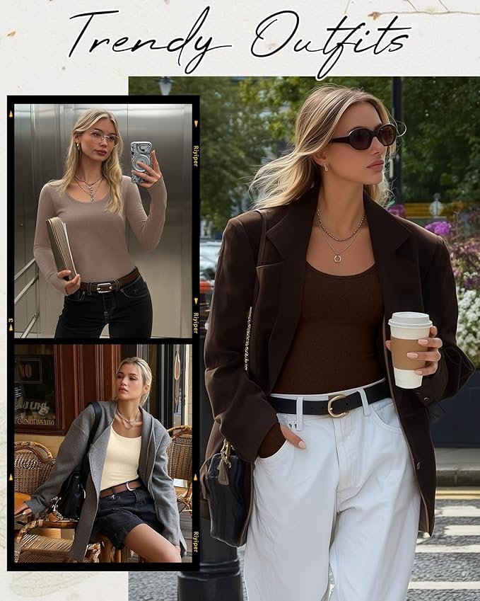 Riyiper 3 Pack Women's Thermal Long Sleeve Shirts, Fleece Scoop Neck Fitted Top Stretchy Thumb Holes Undershirt Baselayer Tee