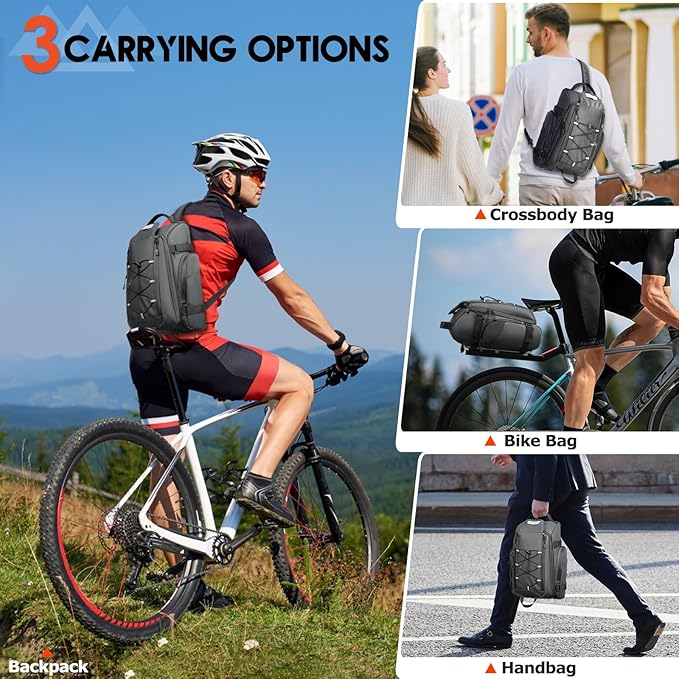 RAINSMORE Bike Bags for Bicycle Rear Rack 15L Waterproof Bike Ebike Trunk Pannier Saddle Bag with Rain Cover Bike Accessories Backpack Shoulder Bag for Commuter Travel Outdoor, Grey