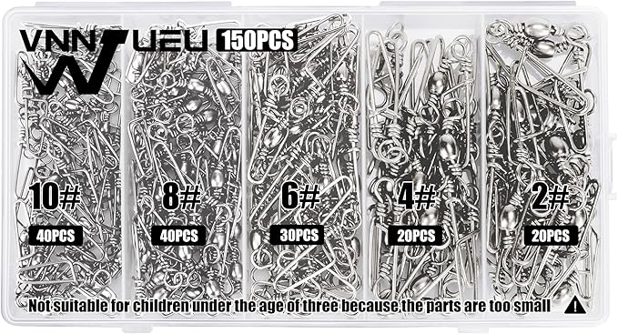 150PCS Fishing Swivels Snaps Kit, Ball Bearing Barrel Swivels Fishing Tackle 2# 4# 6# 8# 10#, Quick Change Snap Swivels Fishing Tackle, Saltwater Freshwater Fishing Accessories Gift