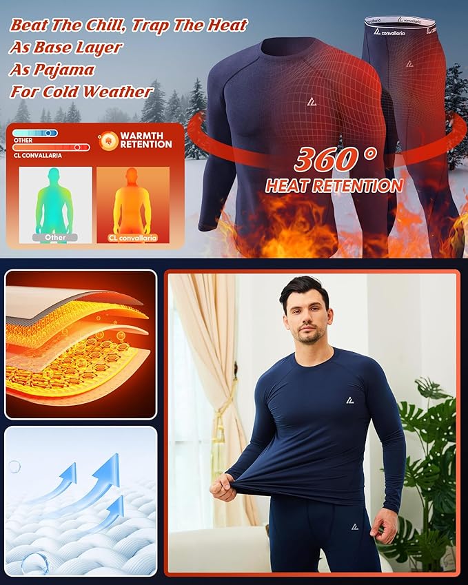 CL convallaria Thermal Underwear for Men Long Johns Fleece Lined Hunting Gear Set Base Layer for Cold Weather XS-4XL