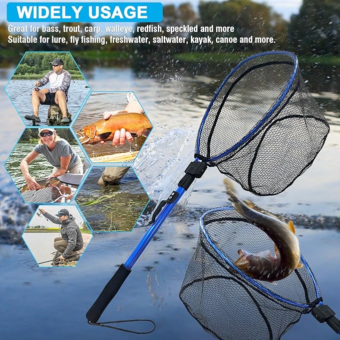 LBW Collapsible Fishing Net with Handle, Folding Kayak Net for Freshwater or Saltwater, Trout Catfish Bass Compact Rubber Landing Net