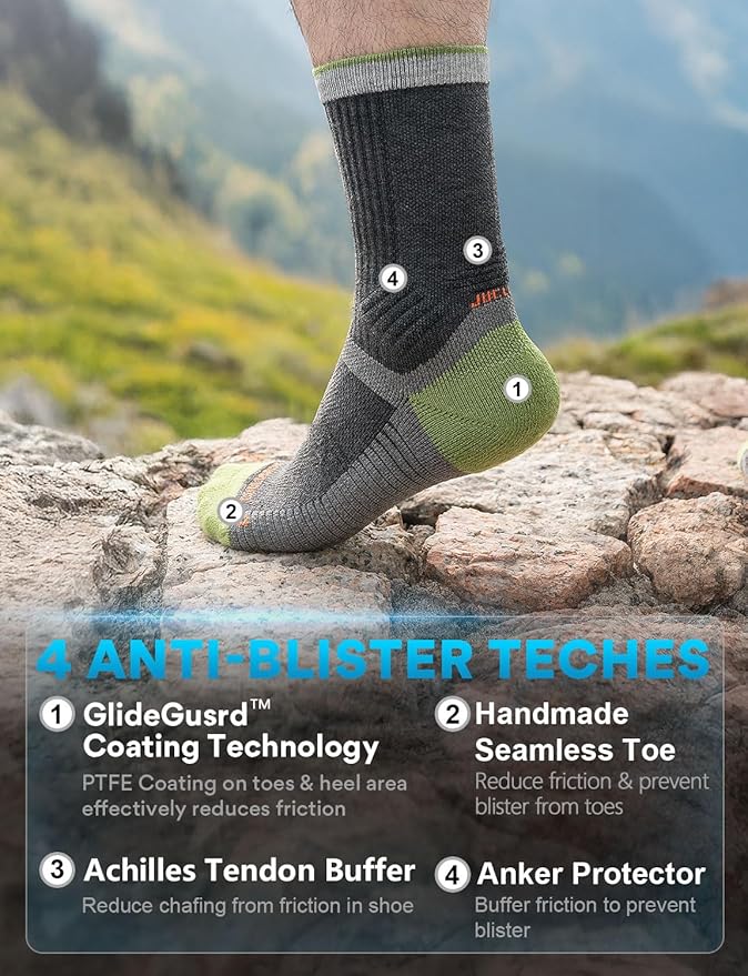 Merino Wool seamlsee Hiking Socks Moisture Wicking Anti-Blister Breathable Cushioned Compression Mens