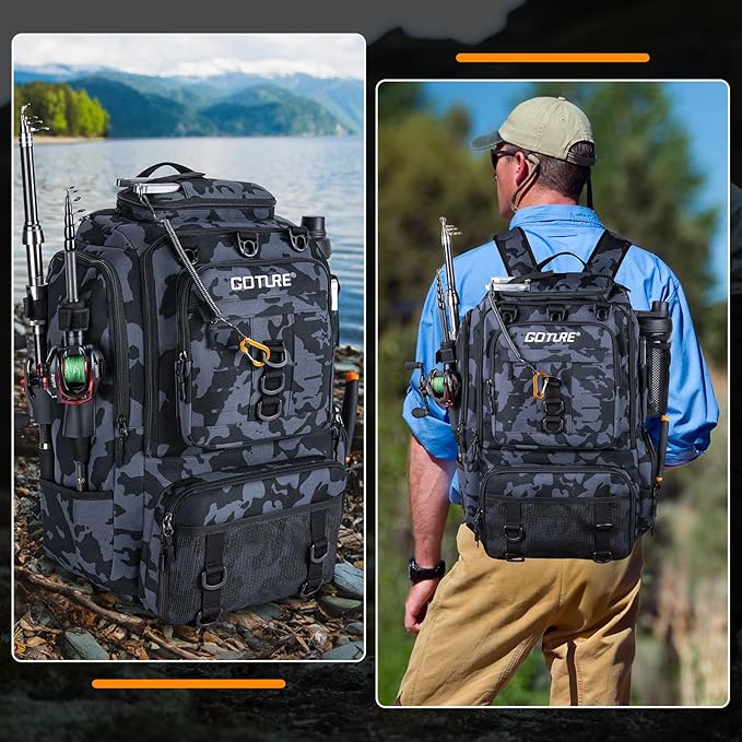 Goture 40L Fishing Tackle Backpack with Cooler and Removable Bait Binder, 900D Water-Resistant Tackle Backpack with 2 Rod Holders, Fishing Bag Storage Gear Tackle Bag with Rain Cover Camouflage