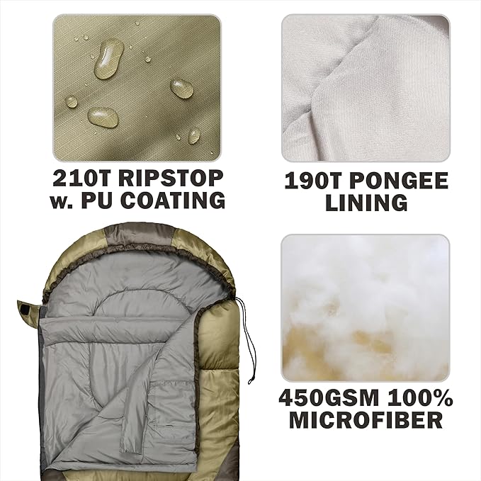 0 Degree Winter Sleeping Bags for Adults Camping (450GSM) - Temp Range (5F–32F) Portable Waterproof Compression Sack- Camping Sleeping Bags for Big and Tall in Env Hoodie: Backpacking Hiking 4 Season