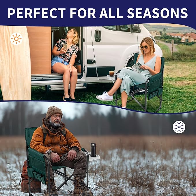 Slsy Oversized Heated Camping Chair, Portable Directors Chair with 3 Heat Levels, Heavy Duty Outdoor Heating Folding Chair Camp Chairs with Side Table, Pocket for Camping, Fishing, Picnic, Lawn