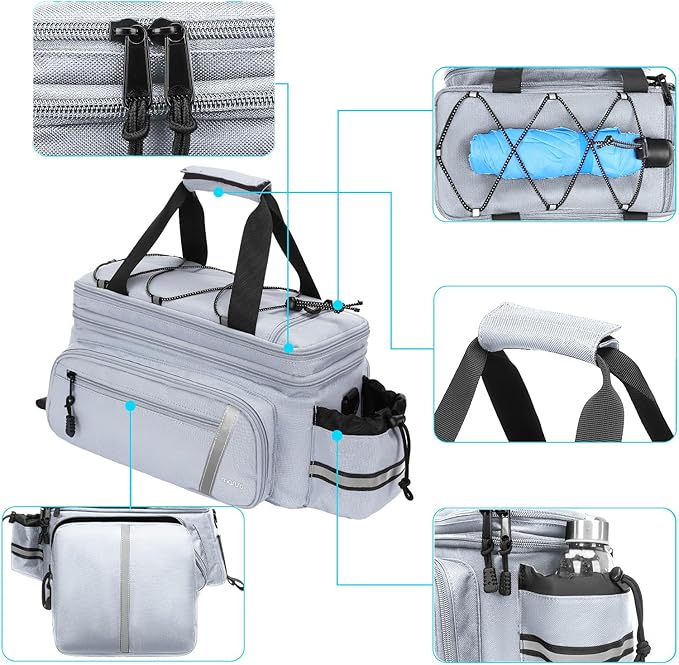 MOSISO Bike Rack Bag with Rain Cover, Bike Trunk Cooler Handag Insulated Bicycle Rear Seat Pouch with 2 Side Foldable Panniers, 8L Cycling Backseat Storage Cargo Saddle Shoulder Bag, Gray