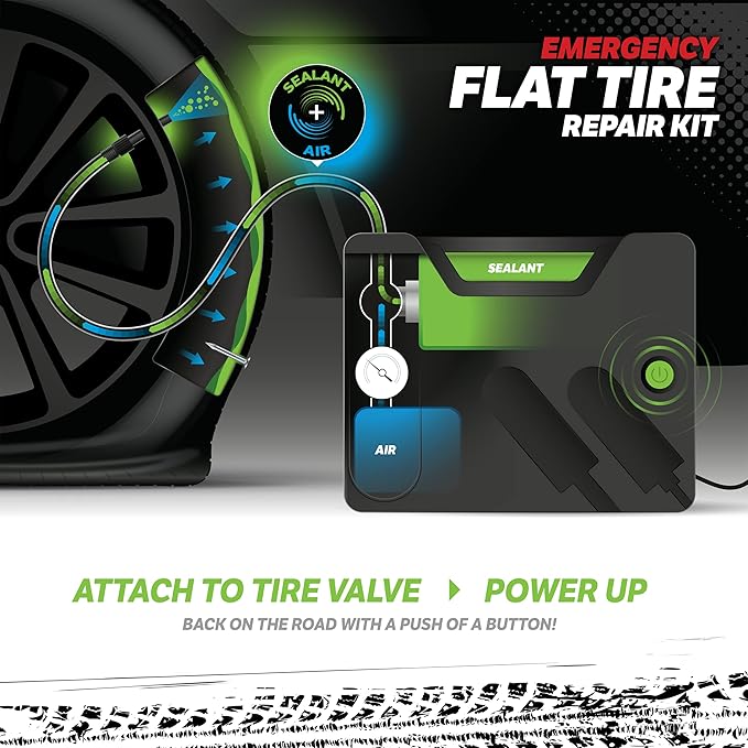 Slime 50122 Flat Tire Puncture Emergency Kit, Includes Sealant and Tire Inflator Pump, Analog, Suitable for Cars and Other Highway Vehicles, 10 Min Fix