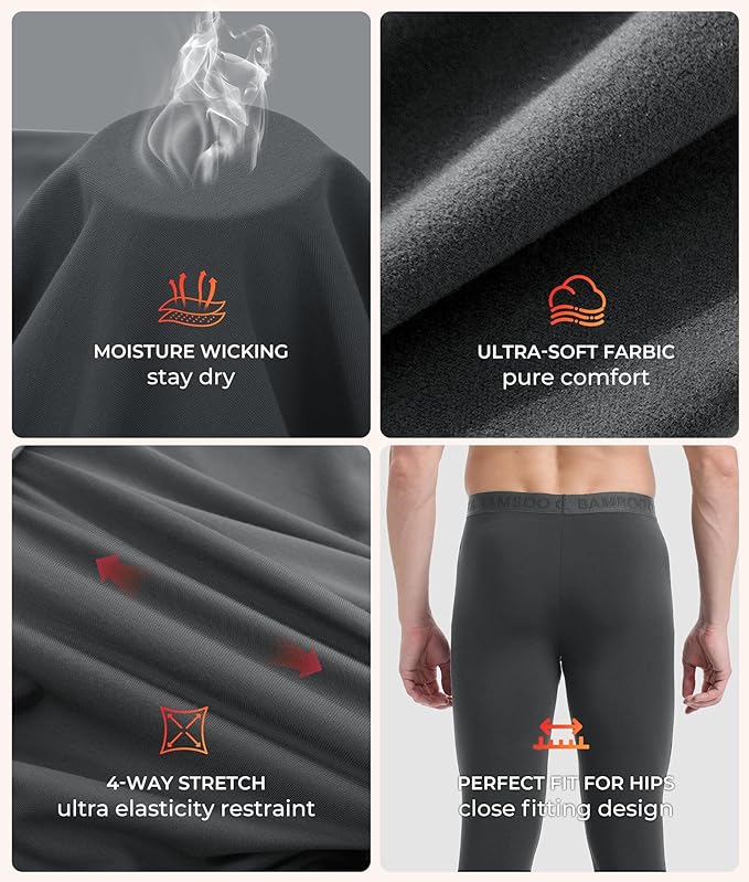 Men's Heavyweight Thermal Underwear Long Johns Bottom with Soft Wool Lining, Stretch Comfortable Base Layer for Cold Weather