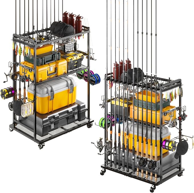 SOYEEZE Large Size Fishing Rod Holders for Garage, Heavy Duty 3-Tier Fishing Pole Rack Holds Up to 12 Rods, Fishing Gear Organizer with 2 Metal Baskets, Fishing Storage Cart with Lockable Wheels