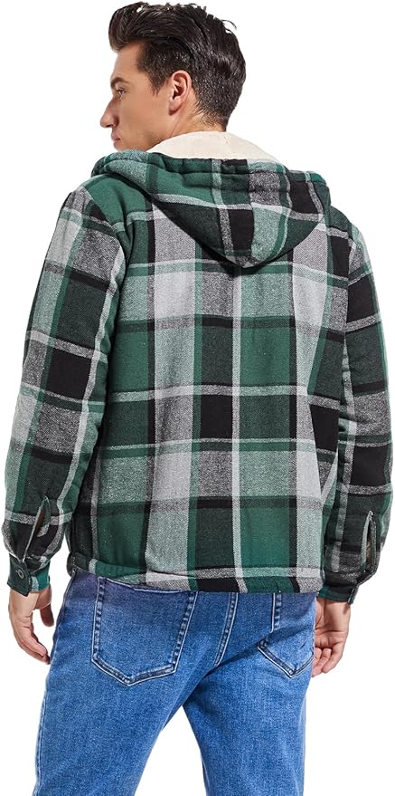 Men's Zip Up Flannel Shirt Jacket Fleece Lined Long Sleeve Plaid Coat Heavyweight Hoodie with Hood