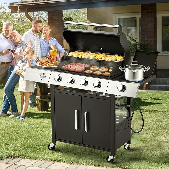 MELLCOM Upgraded 44,000 BTU Stainless Steel Burner Barbecue Grill, 4 Burner BBQ Propane Gas Grill with Side Stove & Cast Iron Grates for Patio, Camping, Outdoor Cooking