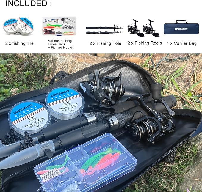 Fishing Rod Reel Combos, 2PCS 2.1m/6.89ft Collapsible Fishing Rods + 2PCS Spinning Reels + Fishing Lines Fishing Lures Carrier Bag, Telescopic Fishing Pole Set Sea Saltwater Freshwater Kit