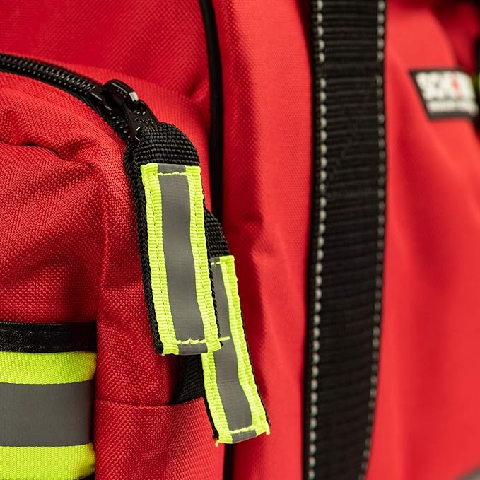 Scherber First Responder Fully-Stocked Large Professional Essentials EMT/EMS Trauma Kit | HSA/FSA Approved | Reflective Bag w/8 Zippered Pockets & Compartments & 250+ First Aid Supplies (Red)