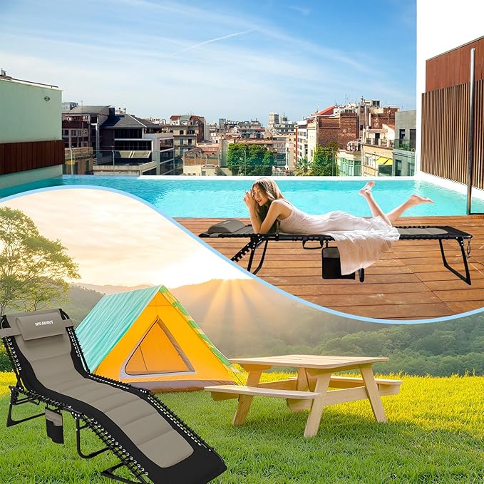 Outdoor Folding Lounge Chair Padded for Adults 264Ibs Patio Chaise Lounge Chair for Outside Adjustable 5-Position Reclining Beach Chair with Pillow Pocket