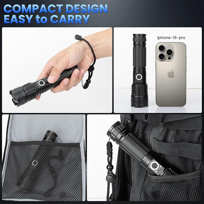 Rechargeable LED Flashlights High Lumens, 99,000 Lumens Super Bright Flashlight, Adjustable Handheld Flashlight with 5 Modes, Brightest Waterproof Flash Light for Home Camping(2 Packs)