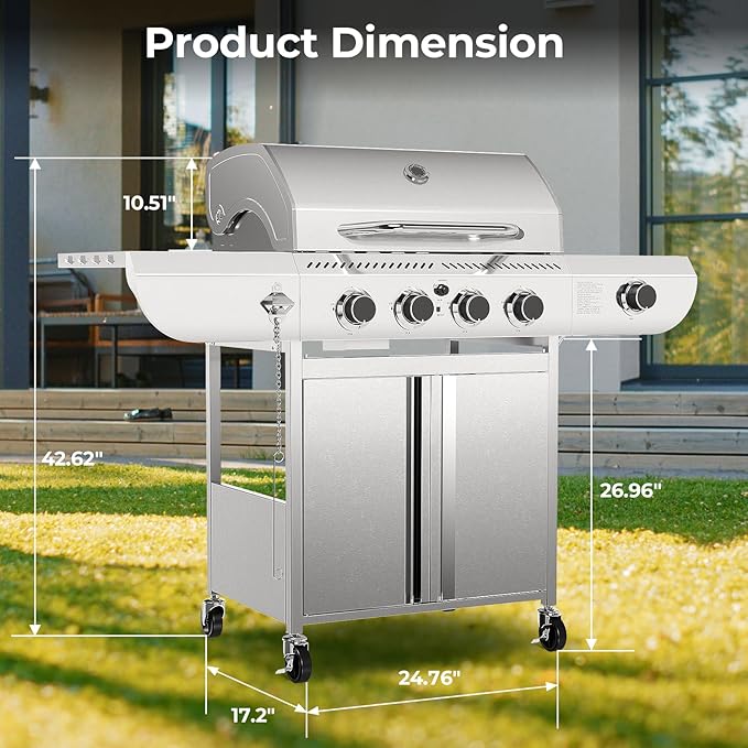 R.W.FLAME 4-Burner Propane Gas Grill with Side Burner, Stainless Steel Propane Grill 42000BTU for Outdoor Cooking, with Porcelain-Enameled Cast Iron Grates, Baking Pan, Silver