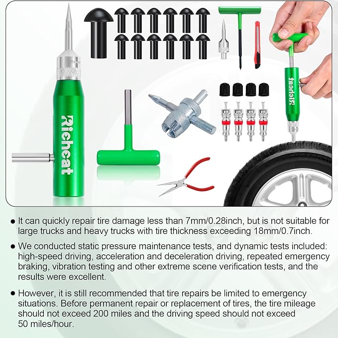 Richcat Tubeless Tire Puncture Repair Kit with Mushroom Plug, Repairs punctures and Flat Tires for Motorcycles, Cars, Trucks, ATVs and Tractors