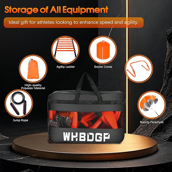 Agility Ladder Speed Training Equipment Set-20ft Agility Ladder,12 Soccer Cones,4 Hurdles,Jump Rope,Running Resistance,Soccer Football Training Equipment with Carrying Bag for Kids Adults