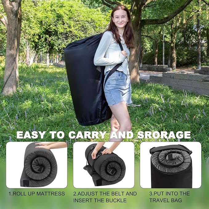 Memory Foam Camping Mattress Sleeping Pad, 3" Thick Waterproof Portable Roll Up Sleeping Mats & Floor Mattress Pad with Pillow + Travel Bag for Camping Car Truck SUV Tent Sleepover Kids Adult