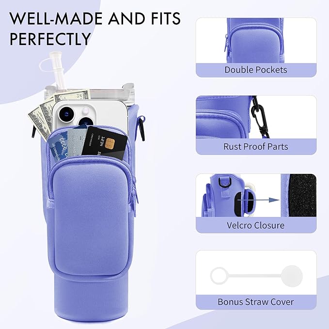 Water Bottle Carrier Bag with Phone Pocket for Stanley Cup 40/30 oz, Water Bottle Holder with Adjustable Strap& Straw Cover, Stanley Cup Accessories