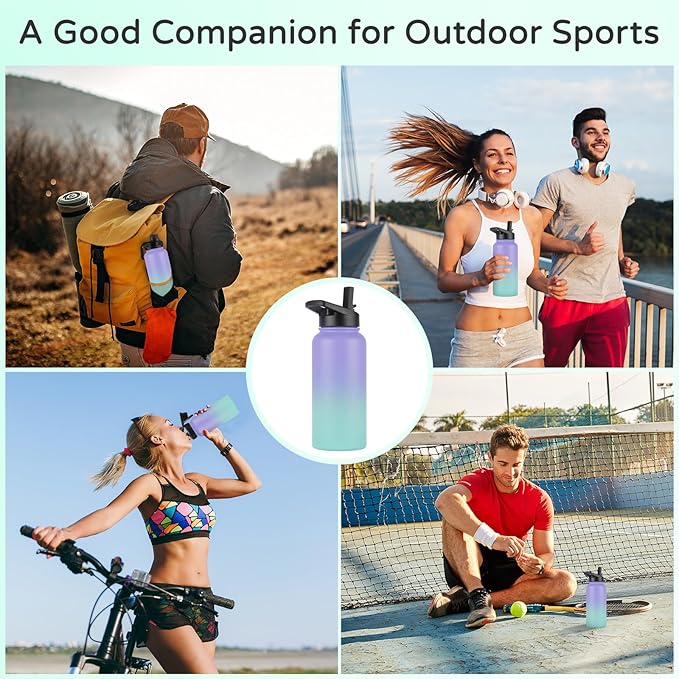 DOMICARE 32 oz Insulated Water Bottle, Vacuum Insulated Stainless Steel Sports Water Bottle with Straw Lid & Spout Lid, Leakproof, Reusable - Travel, Camping, Bike, Purple Green Gradient