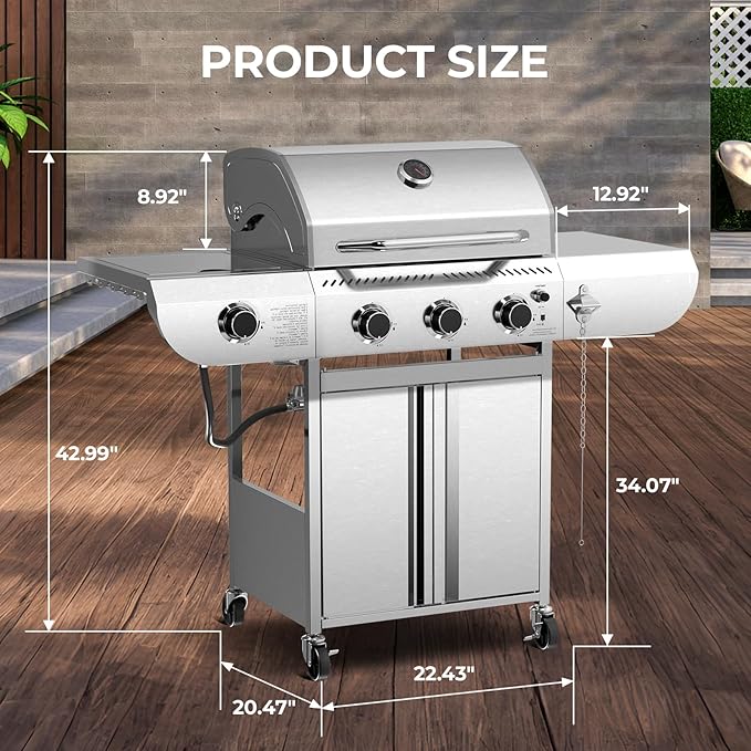 G31 pro Gas Grill 34,000 BTU 3-Burner Propane Grill with Side Burner, Stainless Steel BBQ Grill, Cast Iron Grates & Portable Cart with Wheels,Outdoor Barbecue Grill for Backyard, Patio, Camping