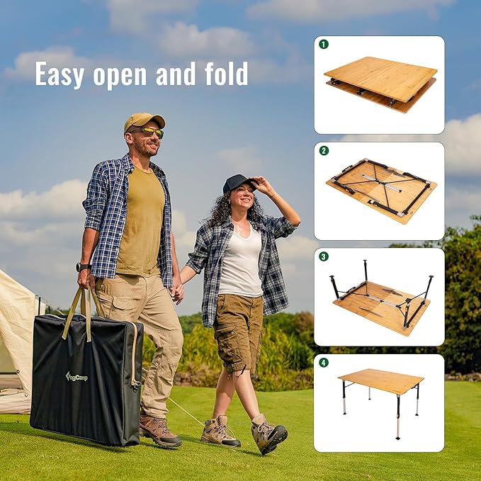 KingCamp Bamboo Folding Table, 4-Fold Camping Adjustable Height Portable Outdoor Lightweight & Compact Table with Aluminum Frame for RV Picnic BBQ Tailgating