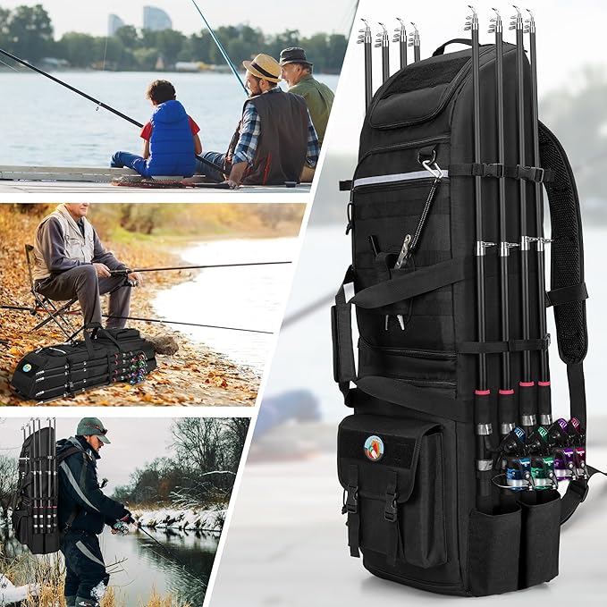 Fishing Rod Bag Backpack Holds 8 Rods & Reels, Fishing Tackle Bag with Compartment for Tackle Boxes, Fishing Gear or Equipment, Fishing Pole Carrying Bag with Tactical Molle System