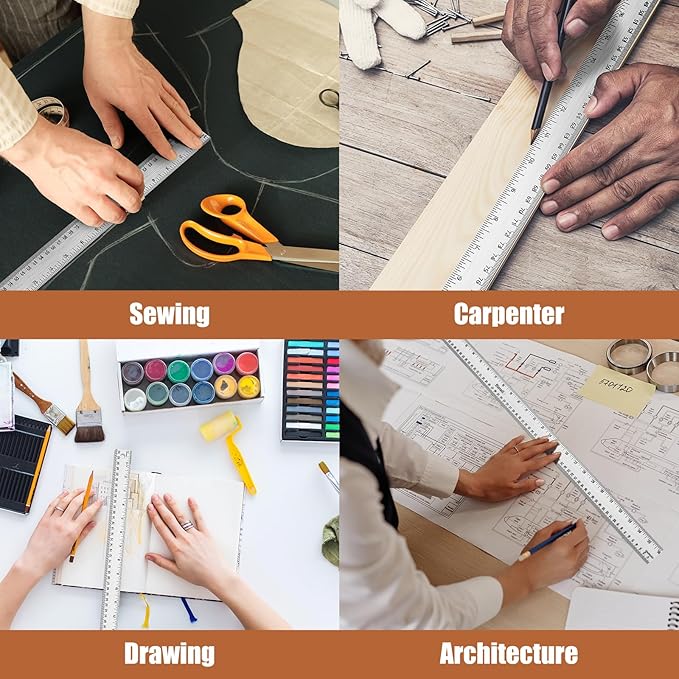 36 Inch Metal Ruler, Stainless Steel Straight Edge Ruler with Cork Backing, Non-Slip Imperial & Metric Measuring Tool for School, Office, Woodworking, Drafting