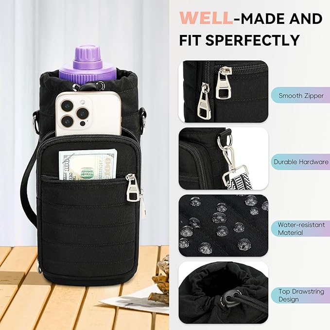 Water Bottle Carrier Bag with Strap, Sling Bag for Walking, Hiking, Cycling, Black, 40 Ounces
