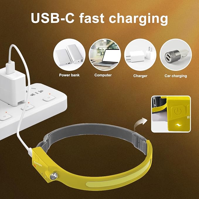 Rechargeable LED Headlamp 2-Pack – 350 Lumens, Waterproof, Wide 230° Beam, USB-C Charging (Yellow) Lightweight, Comfortable, Adjustable – Ideal for Camping, Hiking, Outdoor Adventures & Repair Work
